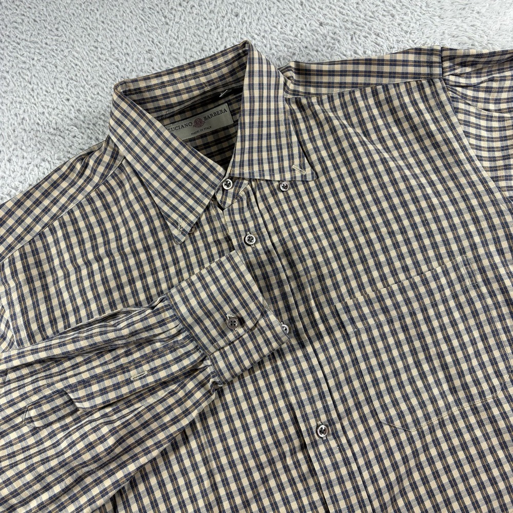 Luciano Barbera Dress Shirt Mens Large Plaid Blue Tan Long Sleeve Made in Italy‎